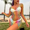 Camisoles & Tanks Women Fishnet See-through Rainbow Shirts Fashion Corset Top Night Dress Hollow Out Mesh Sexy Long Sleeve Tank Underwear