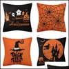 Travesseiro de travesseiro travesseiro halloween tema sala de estar sof￡ decorativo almofada de linho quadrado linear castle castle laranja de terror gota de dhupk