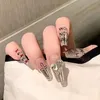 프랑스 가짜 손톱 전체 커버 Ballerina Nails 완성 된 재사용 가능한 그라디언트 프레스 사랑 하트 레터 디자인