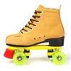 Patins à glace femmes rouleau en cuir artificiel jaune Double ligne pour adulte deux chaussures de patinage Patines vert PU 2 roues L221014