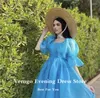 Party Dresses Verngo Simple Blue A Line Organza Prom Puff Sleeves Square Neck Ankle Length Evening Formal Dress Princess Gown