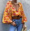 Women's Blouses Women's Fashion Trend Sexy Shirt Retro Butterfly Long Sleeve Pullover V-neck Medium Print Top Bottomed