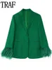 Женские костюмы Blazers Traf Women's Blazer костюма Green Feather Blazer Женщина 2022 с длинным рукавом наборы блейзер