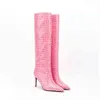 Boots Women Knee High Boots Heels Fluorescent Green Blue Crocodile Leather Pointed Toe Spring Autumn Long Boots Black Rose Red 220913