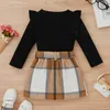 Clothing Sets Toddler Kids Girls 2 Pieces Outfit Long Sleeve Knitted Ribbed Solid Color Tops Bowknot Buttons Plaid Mini Skirt Set 9M-4T 221110