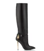 Zarif kış botları tasarımcı deri süet asma kilit diz bot siyah gri kahverengi süet eğimli kadın couture bootie süslemeli oyun orta buzağı blok topuk streç