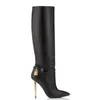 Bottes d'hiver élégantes en cuir de créateur en daim avec cadenas au genou noir gris marron en daim Slouchy femme couture bottillon embelli jouer mi-mollet bloc talon extensible