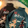 Suéteres femininos 2022 Carta de feliz Natal Cartoon Deer Winter Push Dollover Mulheres pretas soltas espessadas G221018