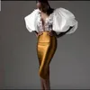 Aso ebi puff mouwen prom jurks thee lengte schede formele avondjurken sexy pure plunging nek kanten appliques wit en goud speciale afspraak feestjurk