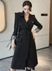 女性のトレンチコートファッションオールカジュアルプロのブラックコート女性のためのターンダウンカラーポケットダブル胸肉ベルトロングジャケットフェム