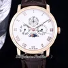 Villeret Quantieme Perpetuel 6656 A5954 자동 남성 시계 TWF 로즈 골드 흰색 다이얼 샴페인 로마 로마 마커 브라운 가죽 스트랩 슈퍼 에디션 퓨레 타임 E5