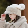 Visiere 2022 Cappelli invernali spessi e caldi da donna Cappelli naturali da donna Cappello lavorato a maglia genuino con pompon