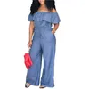 Women's Jumpsuits Women's & Rompers Size M-4XL Fashion Women Off Shoulder Denim Blue Romper Playsuit Wide Leg Pants Casual Beach Ruffle