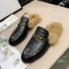Designer Slippers Fur Princetown Mules Flats Women Loafers Echt lederen sandalen Casual schoenen Metalen kettingschoen mannen kanten fluweel