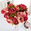 Decorative Flowers 5pcs/lot 13 Heads White/Pink/Champagne Silk Cloth Peony Plastic Artificial Bouquet For Wedding Events Ceremony Decor