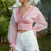 Women's Blouses 2022 Summer Fashion Trend Sweet Wind Girl Lantern Sleeve Top Sexy Low-Cut Navel Ear Edge Short Style Chiffon Blouse