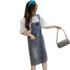 Casual Dresses Denim Dress Women 2022 Summer Korean Style Slim Fit Straps Pocket Overall Sundress Preppy Girl Student 5XL A437