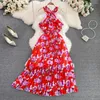 Casual Dresses 2022 Summer Women Sexy Off Shoulder Beach Vacation Strap Dress Sweet Floral Big Hem Chiffon Long