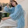 Women's Fur Women Faux Raccoon Bomber Jacket Striped Woven Coat Bright Silk Tassels Sky Blue Cardigan Crop Flocking Tops Abrigos