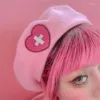 Berets Pink Wihite Love Heart Girl's Beret Japanese Cute Girl Sweet Cross Wool Embroidery Women Hat Lolita Accessories