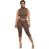 Kvinnors tvåbitar byxor Tracksuit Set Women Turtleneck Tank Tops Mid Calf Jogging Set Set Summer Fashion Solid Fitness Sporty Outfits