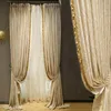 Curtain European High-grade Geometric Striped Texture Bedroom Drape Jacquard Golden Tassels Stitching Blackout Curtains For Living Room