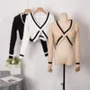 Women's Sweaters Europe Contrast Color Stitching Crossover V-neck Cultivate Modern Show Belly Appear