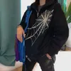 Sudaderas con capucha para mujer # 39; s Rhinestone Web Hooded Gothic Jacket Black Punk Zip Up Coat Harajuku Grunge Sudadera Emo Alt
