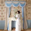 Gardin europeisk stil sammet gardiner för sovrum flickans vardagsrum bröllop lyxig baby blå och beige splittring spets klar skuggning