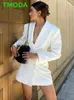 Costumes pour femmes Blazers T MODA 2022 Femmes Blanc Dos Nu Découpé Long Blazer Manteau Dames À Double Boutonnage À Manches Longues Veste Femme Chic Outwear T221027