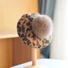 Berets Beret Women Winter Hat Wool Knit Leopard Real Fur Pompom Autumn Warm Skiing Accessory For Outdoors Luxury