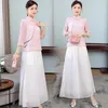 Etnische kleding China vrouwen retro buckle cheongsam top chiffon brede poten broek Chinese stijl vintage elegante linnen print 2-delige set 31475