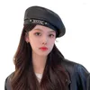 Berets Pu Leather Beret Children's Spring and Autumn Outing Japanese Joker Street Shooter Bud Hat