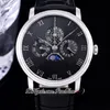 Villeret Quantieme Perpetuel 6656 A5954 자동 남성 시계 TWF 스틸 케이스 블랙 다이얼 실버 로마 마커 가죽 스트랩 슈퍼 에디션 Puretime B2