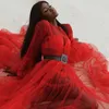 Casual Dresses Fashion Red See Thru Tulle Robe Full Sleeves A- Line Sexy Women Maternity Dress Female Outfit Clothing