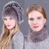 Cappelli Sciarpe Guanti Set Cappello Fedora in vera pelliccia di Rex lavorata a maglia con sciarpa Moda invernale Protezione per le orecchie Copricapo LF21008QX