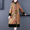 Vrouwen winter etnische kledingstandaard kraag cheongsam stijl lange jurk vintage patroon elegant oosterse kostuum Aziatische outfit