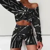 Damen-Trainingsanzüge, Sommer-Frauen-Set, 2022, Batik-Langarm-Crop-Top-Shirt, lockeres und Mini-Biker-Shorts, lässige zweiteilige Sets, Outfits, Sport