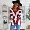 여자 스웨터 스웨터 스웨터 여성 유럽 및 미국 가을 겨울 줄무늬 대비 색상 긴팔 v- 넥 니트 여성