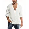 Men's T Shirts Renaissance Viking Medieval Cosplay Costume Men Shirt V Neck Lace Up Vintage Half Sleeve Linen Blouse Male Tops