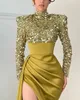 Aso Ebi Mermaid Gold Prom Dresses Backless Lades Lade Lace Long Sleeve Evening Formele feest tweede receptie Verjaardagsbetrokkenheid jurk