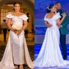 Satin Mermaid Wedding Dress Pearls Beading Off Shoulder Short Sleeve Bridal Gowns Lace Up Back Dubai Bride Dresses