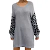 Casual Dresses Women Oversized Knitted Dress Autumn Leopard Spliced Long Sleeve Sweater Elegant Pullovers Top Winter Clothes Robe