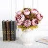 Decorative Flowers 5pcs/lot 13 Heads White/Pink/Champagne Silk Cloth Peony Plastic Artificial Bouquet For Wedding Events Ceremony Decor