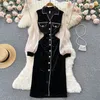 Autumn New Baby Neck Hip Wrap Long Dress Fashion Temperament Velvet Splice Mesh Long Sleeve Single breasted Skirts