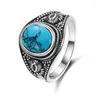 Cluster Rings Silver Jewelry Retro Oval Ring Men Women Natural Turquoise 8x10MM Gift Wholesale Party Wedding