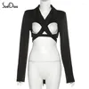 Women's Suits Soefdioo Solid Notched Long Sleeve Blazer Women Sexy Hollow Out Bandage Crop Top Autumn 2022 Fashion Slim Coats Streetwear