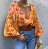 Women's Blouses Women's Fashion Trend Sexy Shirt Retro Butterfly Long Sleeve Pullover V-neck Medium Print Top Bottomed