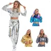 Women's Hoodies Sexy Cropped Holographic Women Shiny Metallic Loose Short Hooded Sweatshirt With Drawstring Casual Pullovers Streetwear