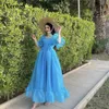 Party Dresses Verngo Simple Blue A Line Organza Prom Puff Sleeves Square Neck Ankle Length Evening Formal Dress Princess Gown